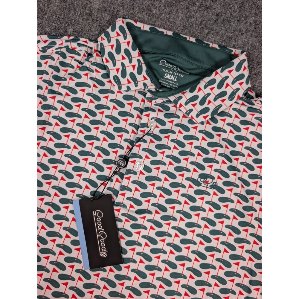 Good Good Golf Polo Shirt Mens Small Good Cheer Greens AOP NWT..